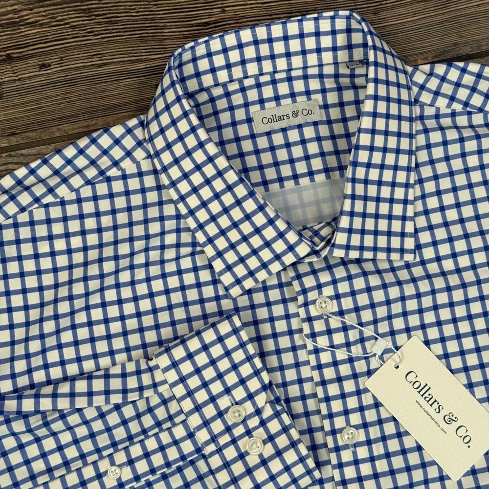 Collars & Co Mens Size 3XL Apex Performance Dress Shirt Blue‎ Grid Check New